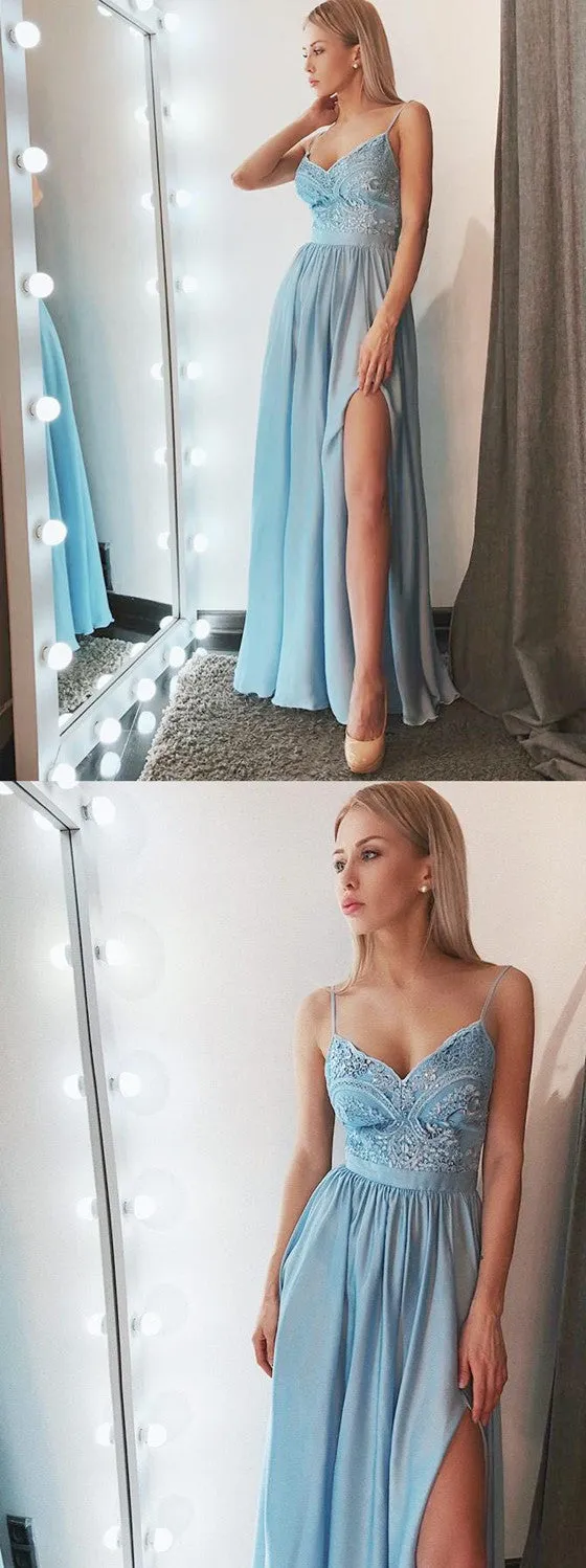 Spaghetti Straps Floor-length V-neck Sleeveless High Split Chiffon Prom Dresses, PD0560