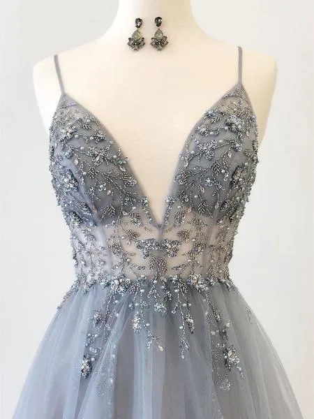 Sparkly Prom Dresses Aline Spaghetti Straps Long Grey Prom Dress TP0922