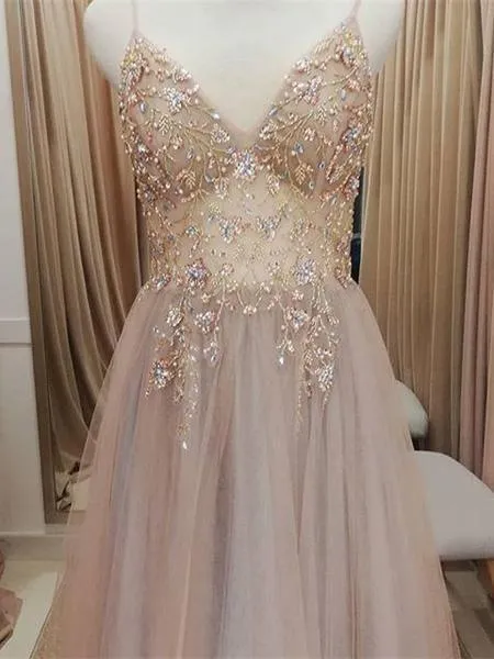 Sparkly Prom Dresses Aline Spaghetti Straps Long Grey Prom Dress TP0922