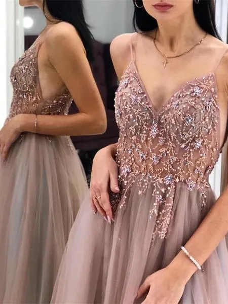 Sparkly Prom Dresses Aline Spaghetti Straps Long Grey Prom Dress TP0922