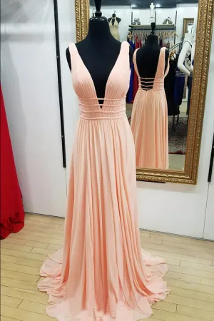 Stunning A-Line Deep V-Neck Open Back Light Peach Long Prom/Evening/Bridesmaid Dress