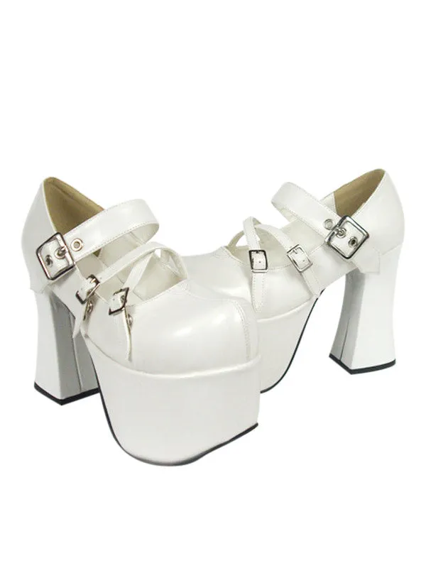 Sweet White Ravel Round Toe PU Leather Sky High(> 4) Lolita Shoes
