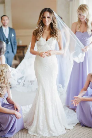 Sweetheart V Neck Sweep Train Wedding Dresses,Trumpet Lace Up Appliques Wedding Gown,SW65