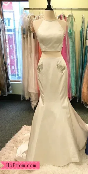 Two Piece Halter Mermaid White Prom Dress High Neckline Studded Pockets