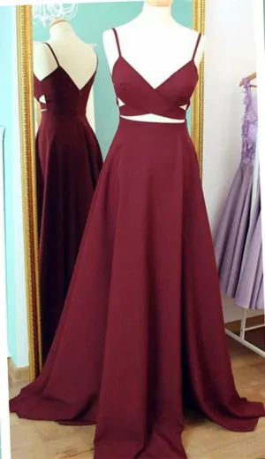 Two Piece Prom Dress,Burgundy Prom Dress,Spaghetti Strap Prom Gowns,Formal Prom Dress,Backless Prom Dress,Burgundy Satin Evening Dress