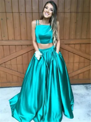 Two Pieces Prom Dress,Sexy Prom Dress With Pocket, Emerald Green Prom Evening Dress,Two Pieces Evening Gown,Sexy Prom Dress