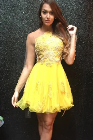 Yellow Sheer Back Short Prom Dress,Long Sleeve Appliques Cheap Homecoming Dress,Party Dress SH155